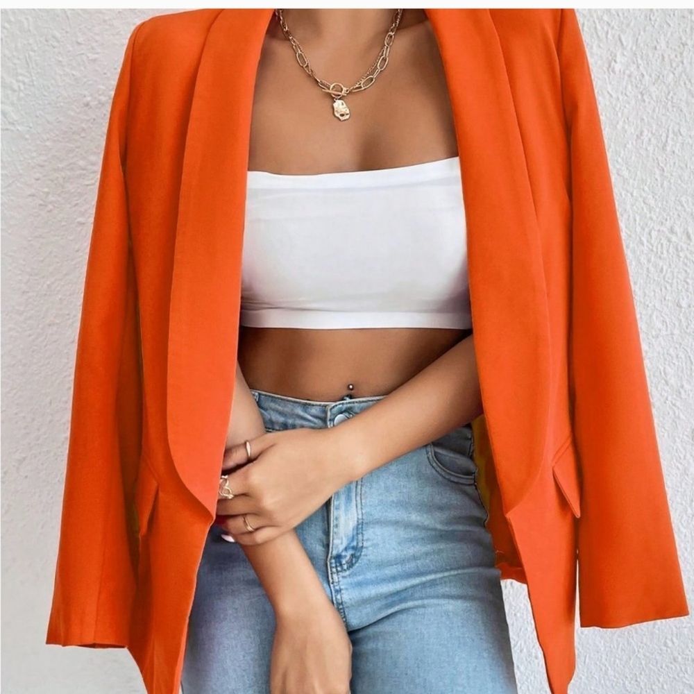 Orange Preppy Womens Solid Shawl Collar Blazer - Picture 5 of 5